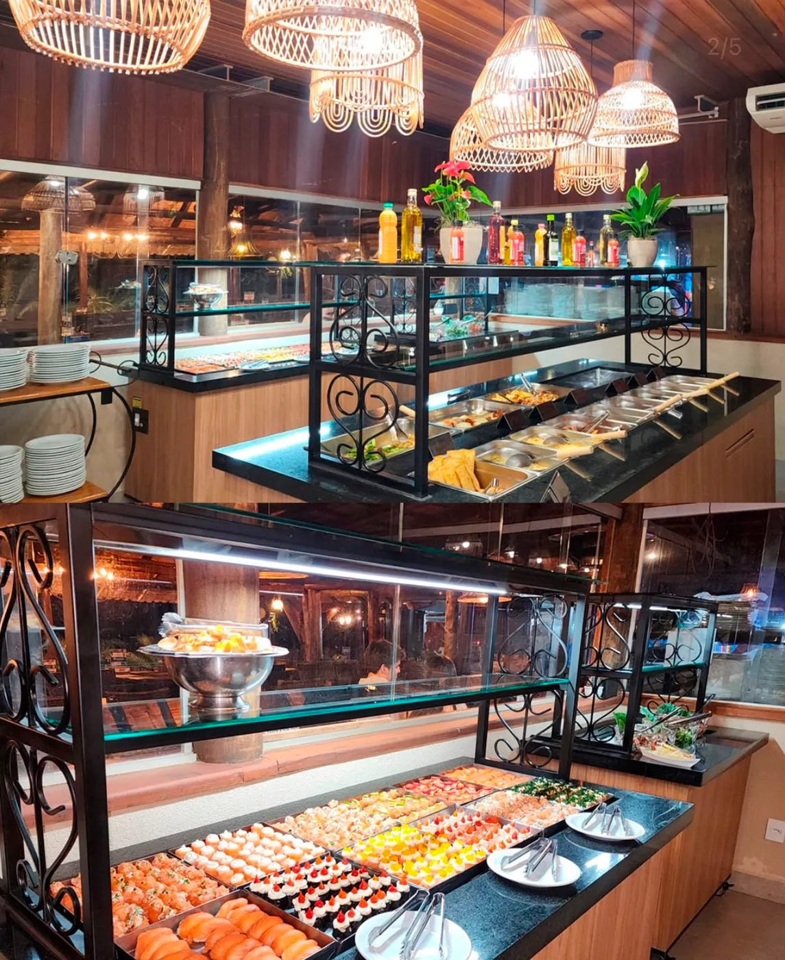 Balcão do buffet gourmet do Marina Sabores com estufas e ilha central